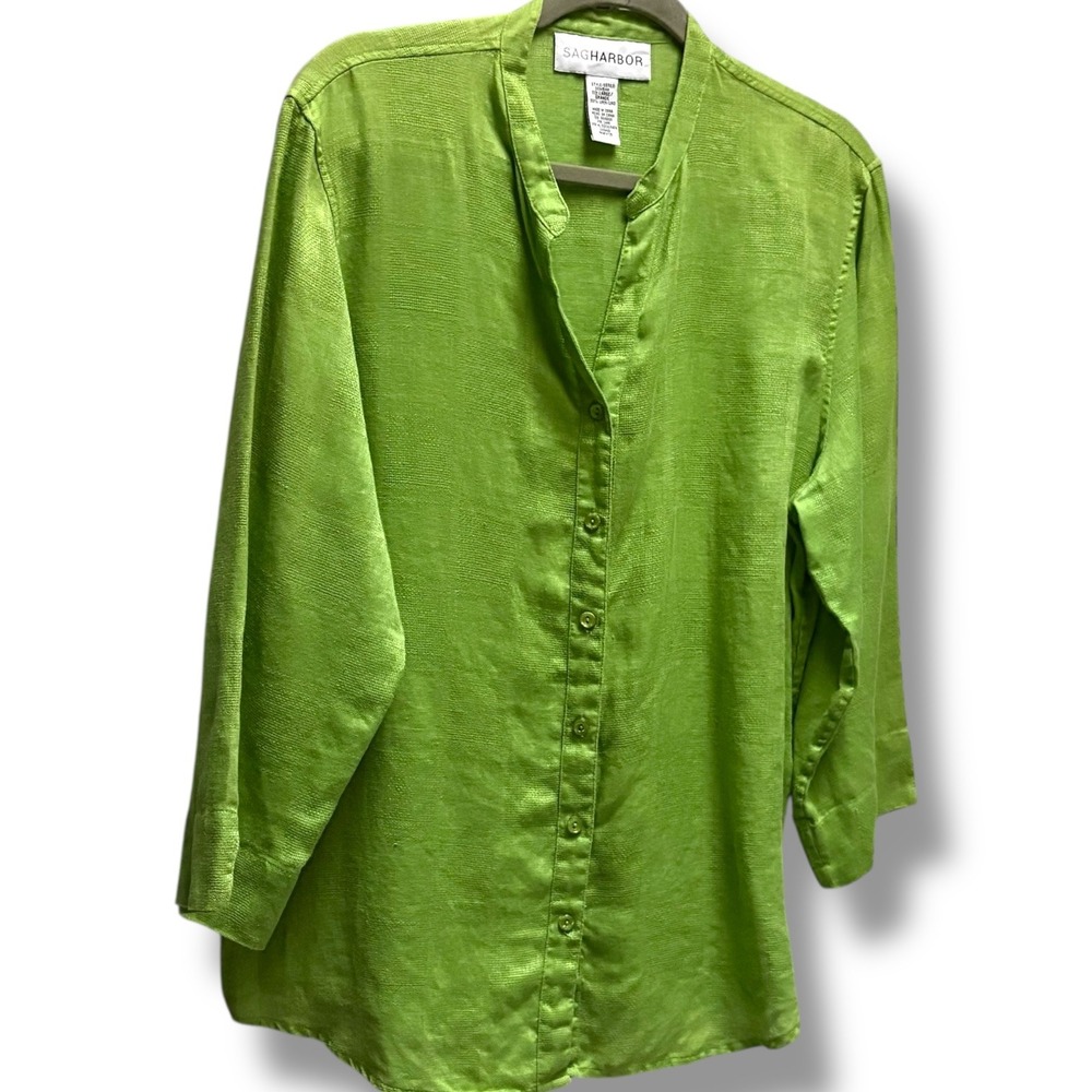 Sag Harbor Lime Green Linen Blend Mandarin‎ Collar Button Front  Top Sz Large - Picture 2 of 5